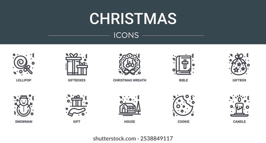 Conjunto de 10 iconos de la Navidad del Web del esquema tales como lollipop, cajas de regalo, corona de Navidad, biblia, caja de regalo, muñeco de nieve, iconos del vector del regalo para el informe, presentación, diagrama, Diseño web, App móvil