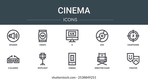 conjunto de 10 ícones de cinema web de contorno como alto-falante, crisps, k, dvd, contagem regressiva, óculos d, ícones de vetor de holofote para relatório, apresentação, diagrama, web design, aplicativo móvel