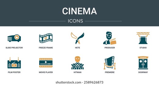 set of 10 outline web cinema icons such as slide projector, freeze frame, hete, producer, studio, film poster, movie player vector icons for report, presentation, diagram, web design, mobile app