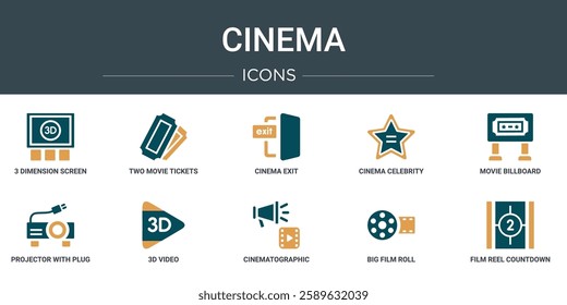 set of 10 outline web cinema icons such as 3 dimension screen, two movie tickets, cinema exit, cinema celebrity, movie billboard, projector with plug, 3d video vector icons for report, presentation,