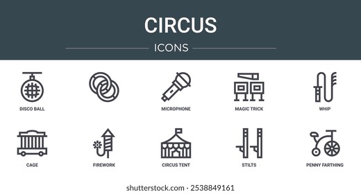 Conjunto de 10 iconos de circo de Web de contorno como bola de discoteca, micrófono, truco mágico, látigo, jaula, iconos de vector de fuegos artificiales para informe, presentación, diagrama, Diseño web, App móvil