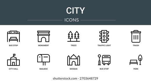 Conjunto de 10 iconos de la ciudad del Web del contorno tales como parada de autobús, monumento, árboles, semáforo, basura, ayuntamiento, iconos del vector del buzón, señal y símbolos