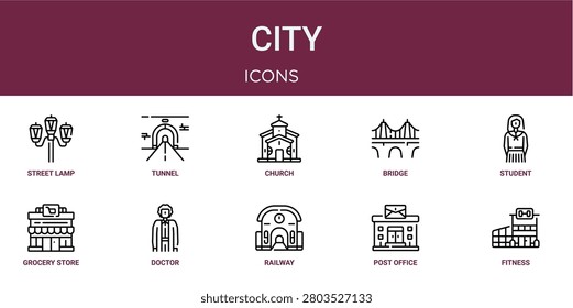 Set of 10 outline web City icons such as fitness, post office, railway station, doctor, grocery store, student, bridge vector icons for report, presentation, diagram, web design, mobile app