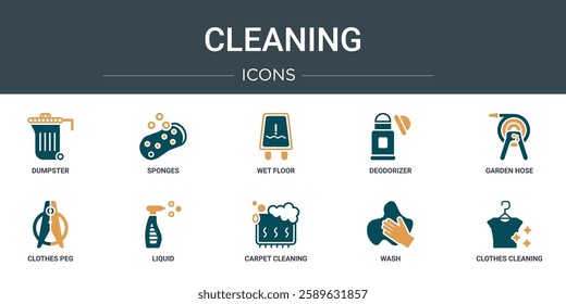 set of 10 outline web cleaning icons such as dumpster, sponges, wet floor, deodorizer, garden hose, clothes peg, liquid vector icons for report, presentation, diagram, web design, mobile app