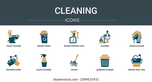 set of 10 outline web cleaning icons such as toilet cleanin, wiping trash, wiping sprayer tool, cleaner, house cleanin, washing hand, glass cleaner vector icons for report, presentation, diagram,