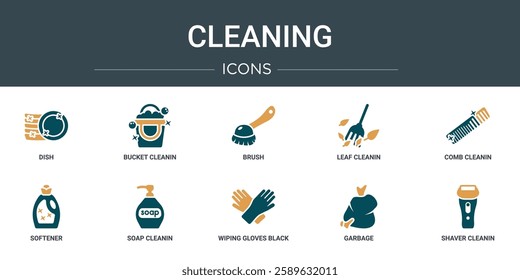 set of 10 outline web cleaning icons such as dish, bucket cleanin, brush, leaf cleanin, comb cleanin, softener, soap vector icons for report, presentation, diagram, web design, mobile app