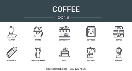 conjunto de 10 ícones de café da web esboço como tamper, café, cafeteria, espresso, canela, chantilly ícones vetoriais para relatório, apresentação, diagrama, web design, aplicativo móvel