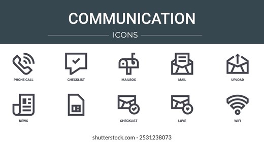 conjunto de 10 ícones de comunicação da web da estrutura de tópicos, como chamada telefônica, lista de verificação, caixa de correio, correio, upload, notícias,   ícones vetoriais para relatório, apresentação, diagrama, web design, aplicativo móvel