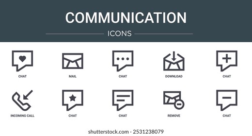 conjunto de 10 ícones de comunicação da web da estrutura de tópicos como bate-papo, e-mail, bate-papo, download, bate-papo, chamada de entrada, ícones vetoriais para relatório, apresentação, diagrama, web design, aplicativo móvel