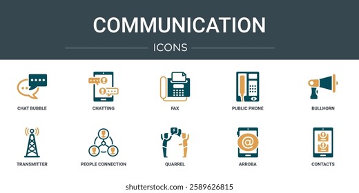 set of 10 outline web communication icons such as chat bubble, chatting, fax, public phone, bullhorn, transmitter, people connection vector icons for report, presentation, diagram, web design,
