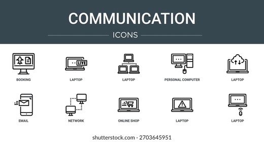 Satz von 10 Umriss Web-Kommunikation Symbole wie Buchung, Laptop, Laptop, PC, Laptop, E-Mail, Netzwerk, Vektorsymbole, Zeichen und Symbole