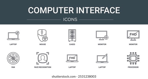 conjunto de 10 ícones da interface do computador web da estrutura de tópicos como laptop, mouse, casos, monitor, monitor, ventilador, ícones do vetor do reconhecimento facial para o relatório, apresentação, diagrama, web design, aplicativo móvel