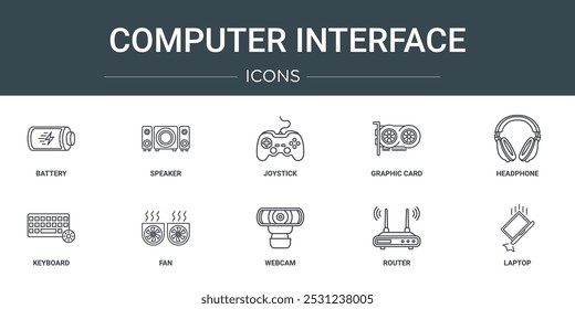 conjunto de 10 ícones de interface de computador web outline, como bateria, alto-falante, joystick, placa gráfica, fone de ouvido, teclado, ícones de vetor de ventilador para relatório, apresentação, diagrama, design da web, aplicativo móvel