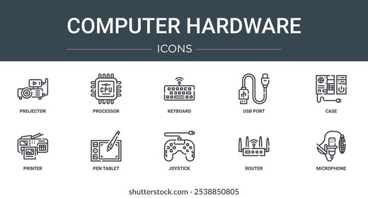 Conjunto de 10 iconos de hardware de computadora de Web de contorno como proyector, procesador, teclado, puerto USB, caso, impresora, pluma, tableta iconos vectoriales para informe, presentación, diagrama, Diseño web, App móvil