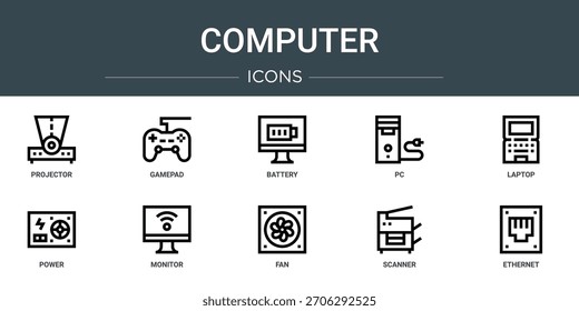 Conjunto de 10 iconos de computadora de Web de contorno como proyector, gamepad, batería, PC, computadora portátil, energía, iconos de vectores de monitor, letreros y símbolos