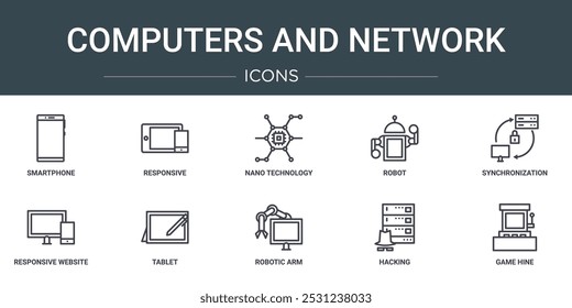 set of 10 outline web computers and network icons such as smartphone, responsive, nano technology, robot, synchronization, responsive website, tablet vector icons for report, presentation, diagram,