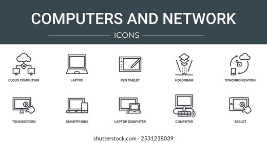 conjunto de 10 tópicos web computadores e ícones de rede, como computação em nuvem, laptop, tablet caneta, holograma, sincronização, tela sensível ao toque, ícones de vetor de smartphone para relatório, apresentação, diagrama, web