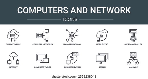 conjunto de 10 grandes linhas de computadores web e ícones de rede, como armazenamento em nuvem, redes de computadores, nano tecnologia, sincronização móvel, microcontrolador, internet, tablet computador ícones vetoriais para relatório,