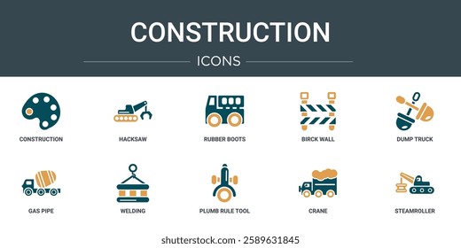 set of 10 outline web construction icons such as construction, hacksaw, rubber boots, birck wall, dump truck, gas pipe, welding vector icons for report, presentation, diagram, web design, mobile app