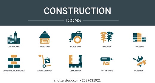 set of 10 outline web construction icons such as jack plane, hand saw, blade saw, nail gun, toolbox, construction works, angle grinder vector icons for report, presentation, diagram, web design,