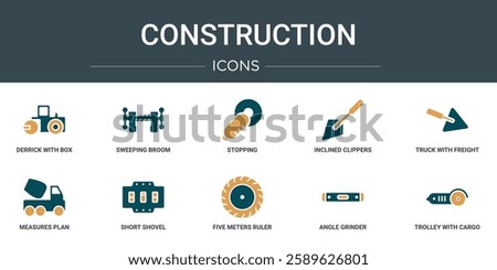 set of 10 outline web construction icons such as derrick with box, sweeping broom, stopping, inclined clippers, truck with freight, measures plan, short shovel vector icons for report, presentation,