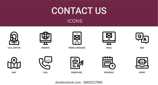 Set of 10 outline web Contact Us icons such as robot, schedule, signature. Thin signature isolated on white background, call, map, qanda, email vector icons for report, presentation, diagram, web