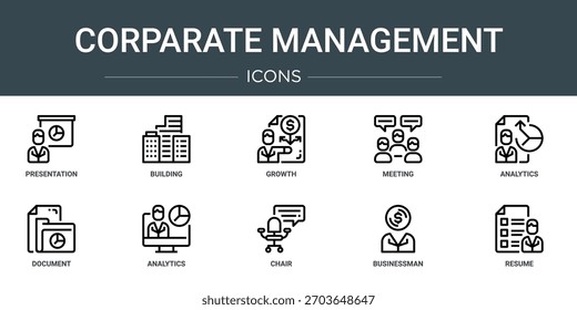 Satz von 10 Konturen Web Corporate Management-Symbole wie Präsentation, Gebäude, Wachstum, Treffen, Analyse, Dokument, Analyse, Vektorsymbole, Zeichen und Symbole