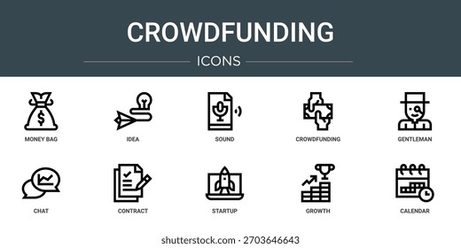Satz von 10 Umriss Web-Crowdfunding-Symbole wie Geldbeutel, Idee, Ton, Crowdfunding, Gentleman, Chat, Vertrag, Vektorsymbole, Zeichen und Symbole