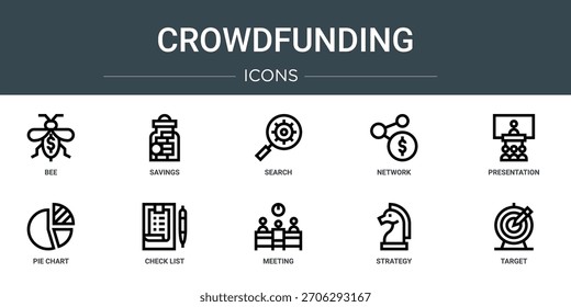 Conjunto de 10 iconos de crowdfunding de Web de esquema como abeja, ahorros, búsqueda, red, presentación, gráfico circular, iconos vectoriales de lista de verificación, signo y símbolos