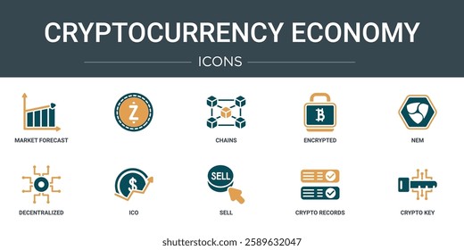 set of 10 outline web cryptocurrency economy icons such as market forecast,  , chains, encrypted, nem, decentralized, ico vector icons for report, presentation, diagram, web design, mobile app