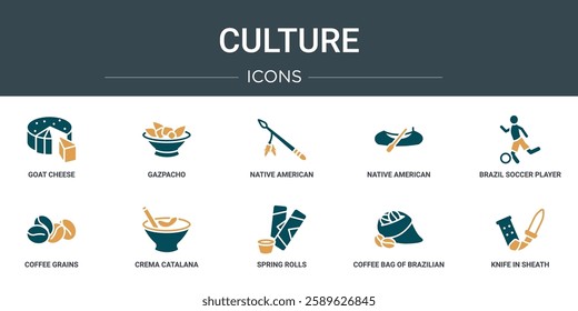 set of 10 outline web culture icons such as goat cheese, gazpacho, native american spear, native american canoe, brazil soccer player, coffee grains, crema catalana vector icons for report,