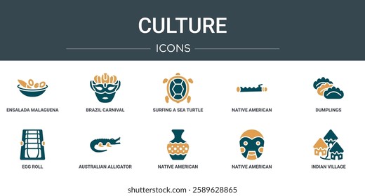 set of 10 outline web culture icons such as ensalada malaguena, brazil carnival mask, surfing a sea turtle, native american flute, dumplings, egg roll, australian alligator vector icons for report,