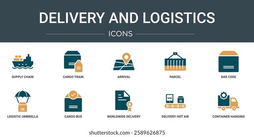 set of 10 outline web delivery and logistics icons such as supply chain, cargo train, arrival, parcel, bar code, logistic umbrella, cargo bus vector icons for report, presentation, diagram, web