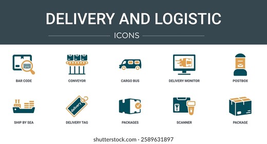 set of 10 outline web delivery and logistic icons such as bar code, conveyor, cargo bus, delivery monitor, postbox, ship by sea, delivery tag vector icons for report, presentation, diagram, web