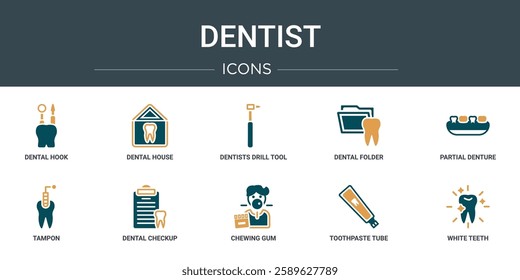 set of 10 outline web dentist icons such as dental hook, dental house, dentists drill tool, dental folder, partial denture, tampon, checkup vector icons for report, presentation, diagram, web