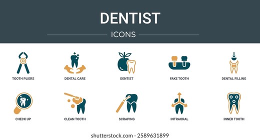 set of 10 outline web dentist icons such as tooth pliers, dental care, dentist, fake tooth, dental filling, check up, clean tooth vector icons for report, presentation, diagram, web design, mobile