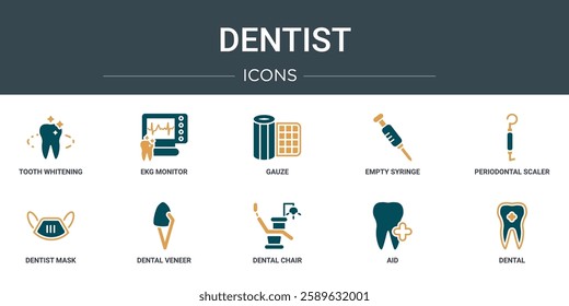 set of 10 outline web dentist icons such as tooth whitening, ekg monitor, gauze, empty syringe, periodontal scaler, dentist mask, dental veneer vector icons for report, presentation, diagram, web