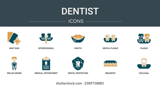 set of 10 outline web dentist icons such as mint gum, interproximal, mouth, dental plaque, plaque, molar crown, medical appointment vector icons for report, presentation, diagram, web design, mobile