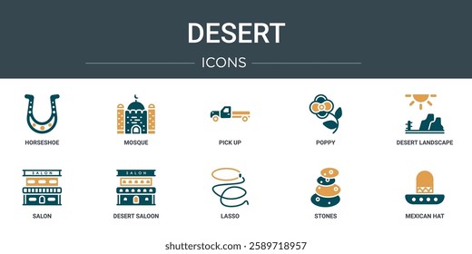 set of 10 outline web desert icons such as horseshoe, mosque, pick up, poppy, desert landscape, salon, desert saloon vector icons for report, presentation, diagram, web design, mobile app