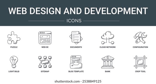 conjunto de 10 delinear web design e ícones de desenvolvimento, tais como quebra-cabeça, web de, documentos, rede de nuvem, configuração, lâmpada, mapa de site ícones vetoriais para relatório, apresentação, diagrama, design,