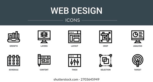 Conjunto de 10 iconos de Web de contorno como crecimiento, capas, diseño, recorte, análisis, programación, iconos de vector de contenido, signo y Diseños web