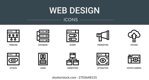 set of 10 outline web web design icons such as timeline, database, slider, promotion, upload, attach, login vector icons, sign and symbols