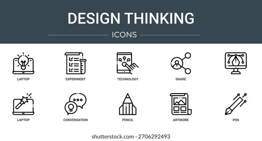 Conjunto de 10 iconos de pensamiento de Diseño web de contorno como portátil, experimento, tecnología, compartir, , portátil, iconos de vector de conversación, signo y símbolos