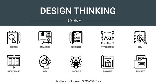 conjunto de 10 delinear web design pensando ícones, como esboço, análise, lista de verificação, tipografia, ideia, storyboard, ideia ícones vetoriais, sinal e símbolos