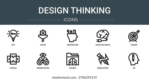 conjunto de 10 ícones de design web esboço pensando como chave, filtro, inspiração, cérebro criativo, alvo, quebra-cabeça, ícones de vetor de observação, sinal e símbolos