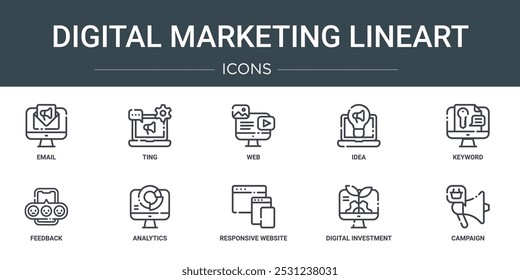 set of 10 outline web digital marketing lineart icons such as email, ting, web, idea, keyword, feedback, analytics vector icons for report, presentation, diagram, web design, mobile app