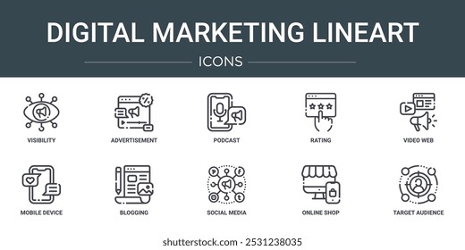 set of 10 outline web digital marketing lineart icons such as visibility, advertisement, podcast, rating, video web, mobile device, blogging vector icons for report, presentation, diagram, web