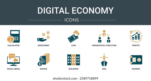set of 10 outline web digital economy icons such as calculator, investment, loss, hierarchical structure, profits, social media, invoice vector icons for report, presentation, diagram, web design,