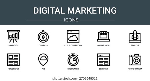 Conjunto de 10 iconos de marketing digital de Web de esquema como análisis, brújula, computación en la nube, tienda en línea, inicio, diario, iconos de vectores de pin, signo y símbolos