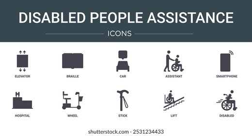 conjunto de 10 tópicos web pessoas deficientes ícones de assistência, como elevador, braille, carro, assistente, smartphone, hospital, roda ícones vetoriais para relatório, apresentação, diagrama, web design, aplicativo móvel